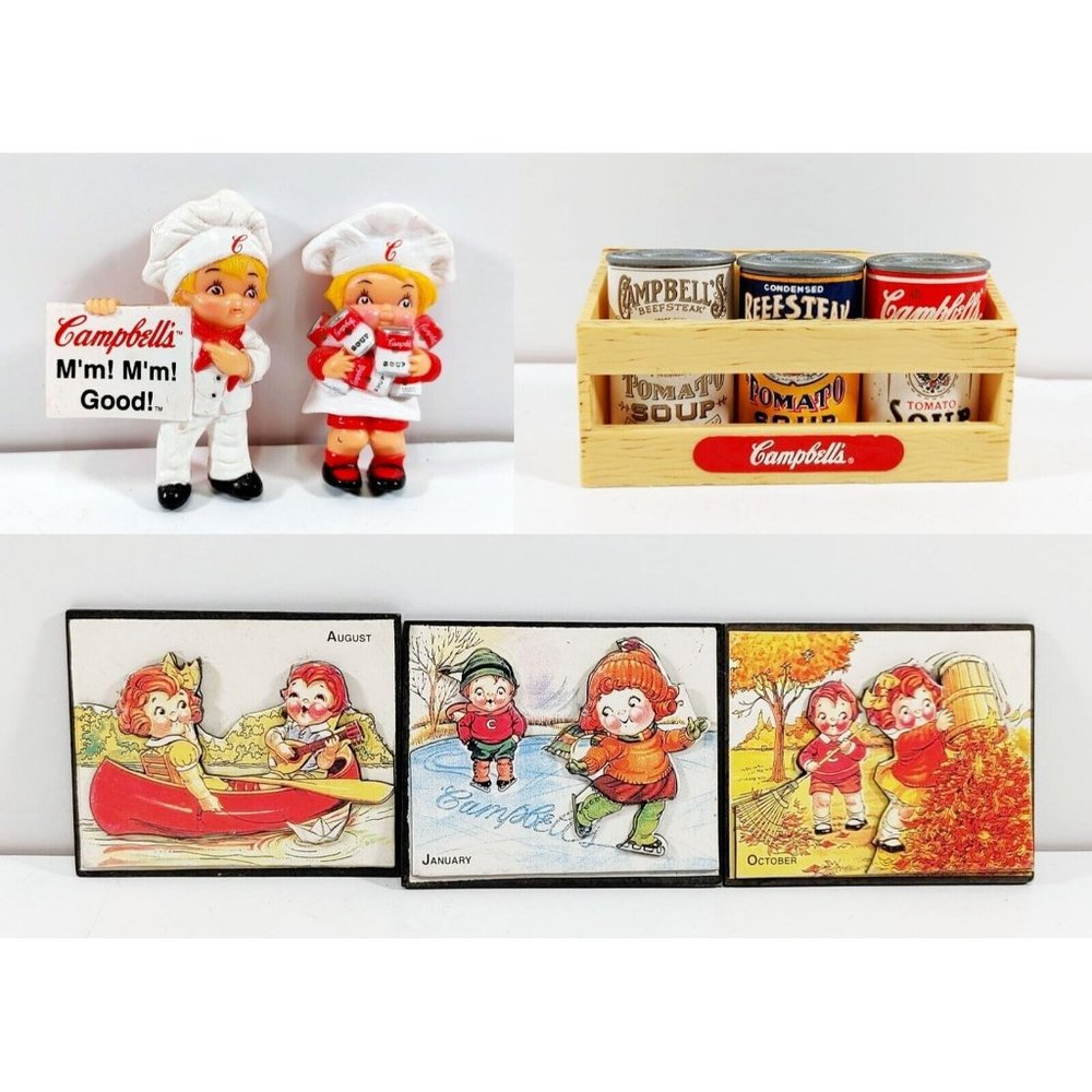 9 Piece Lot Campbell's Soup Fridge Magnets 1995 Collector's Series Soups & Crate